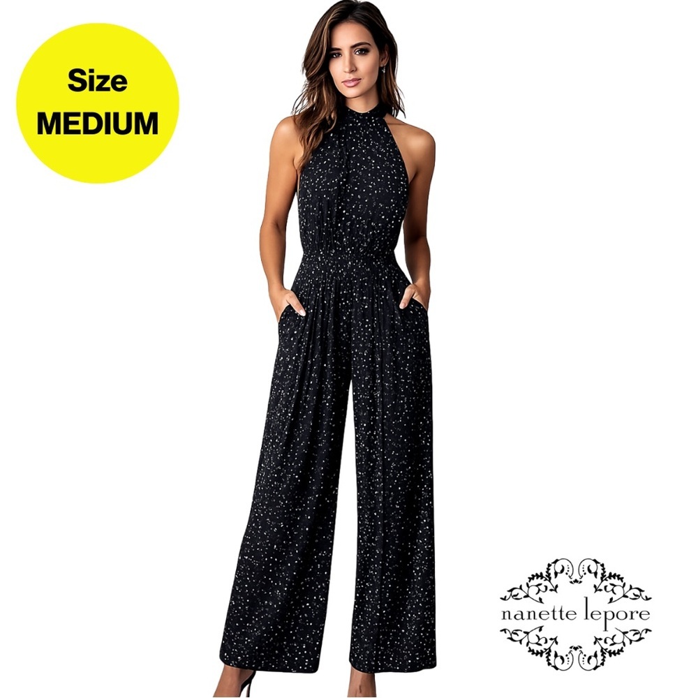 NANETTE LEPORE 🖤 Chic Women’s Black, White Speckled Pattern Jumpsuit (Medium)